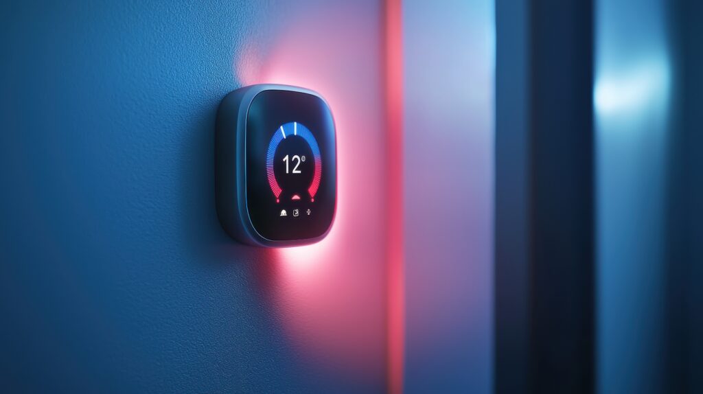Image of the Constrained Device Edge layer in an edge continuum, showing a smart home thermostat sensor processing basic data with lightweight AI for efficiency.