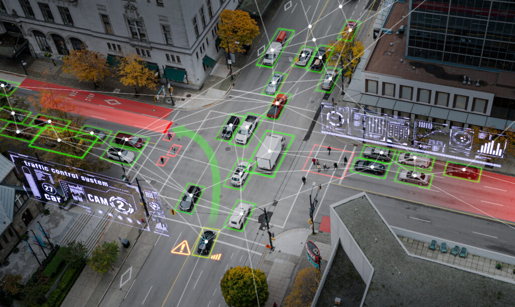 Image of self-driving cars using edge AI for real-time decision-making, with cloud computing and edge integration optimizing computing resources.