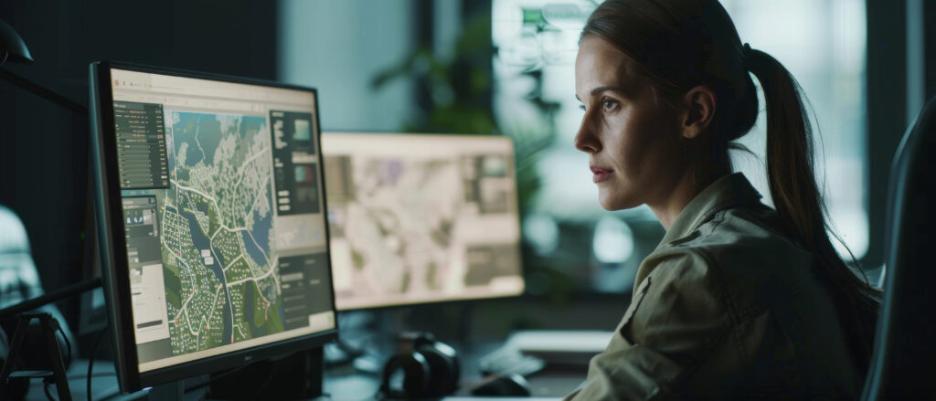 Image of the Strategic Edge in defense, depicting an officer reviewing processed data on a computer screen within a federal cloud computing hub for high-level decisions.