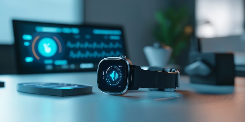 Image of the Smart Device Edge, depicting a wearable monitoring vital signs on a tablet, leveraging edge computing for real-time health data analysis.