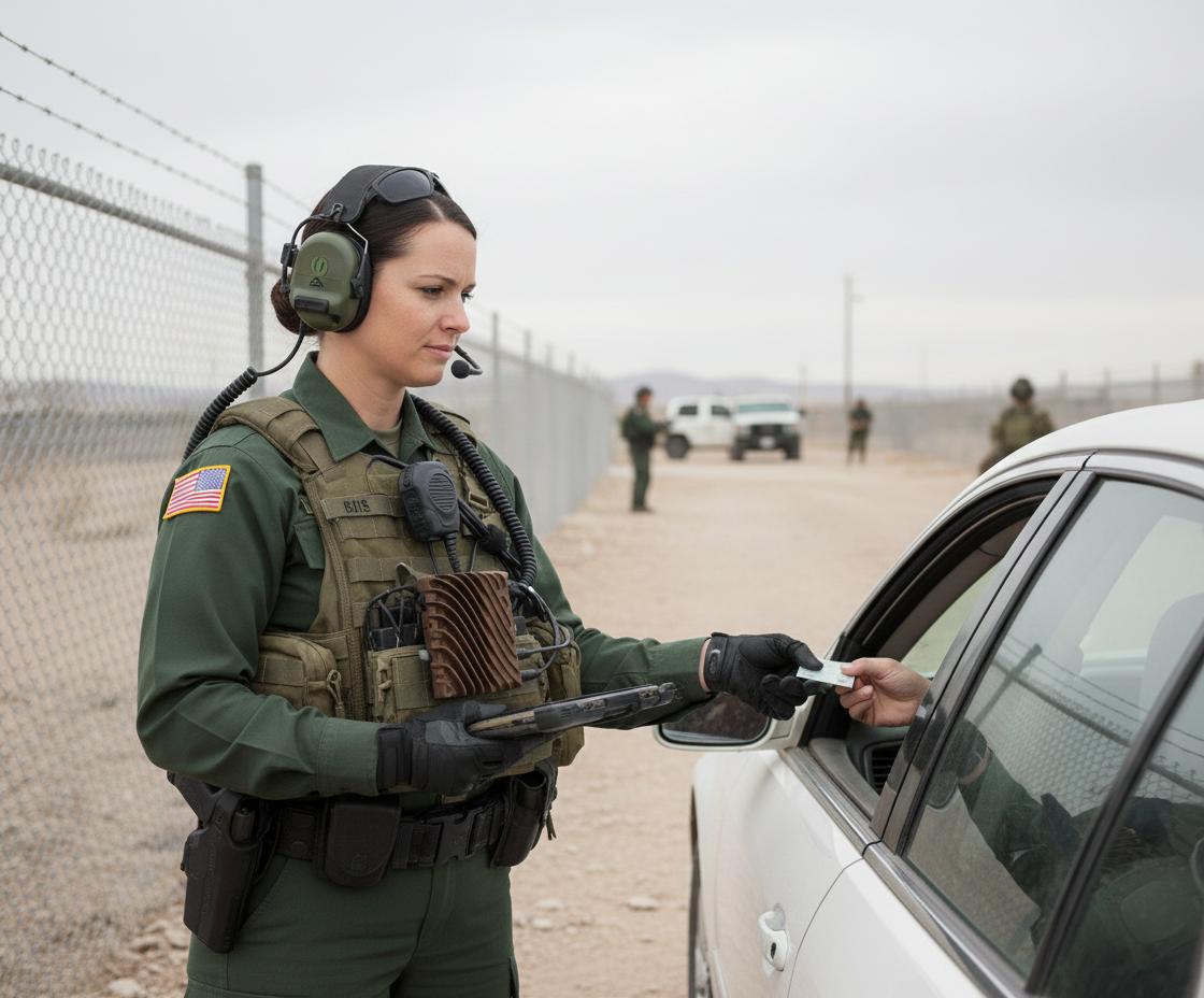 Border agents conducting interviews with an offline AI translator device enabling live AI translation in low-connectivity areas.