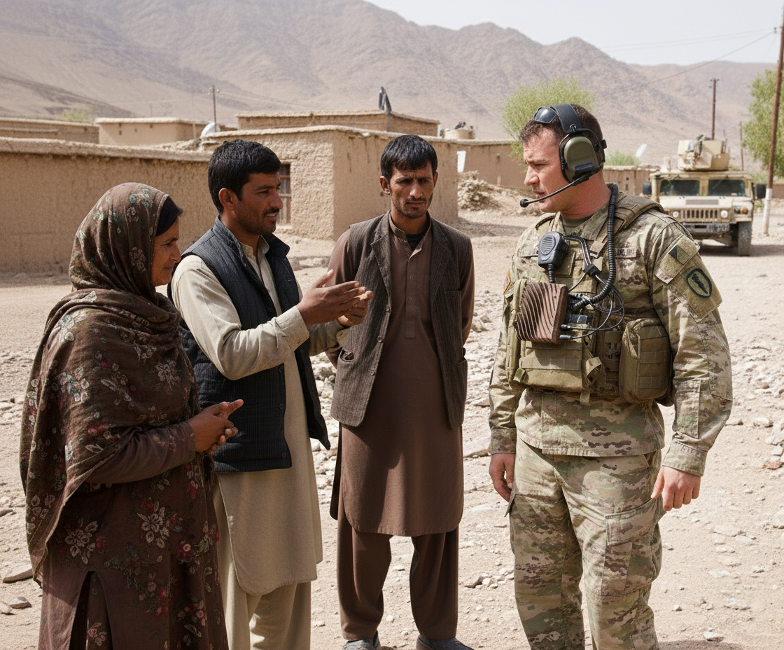 Defense operators using a wearable AI translator for real-time AI translation during missions without human interpreters.