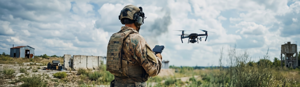 Soldier in tactical gear operating a drone with a handheld controller in a field environment, illustrating edge AI-enabled autonomy at the tactical edge