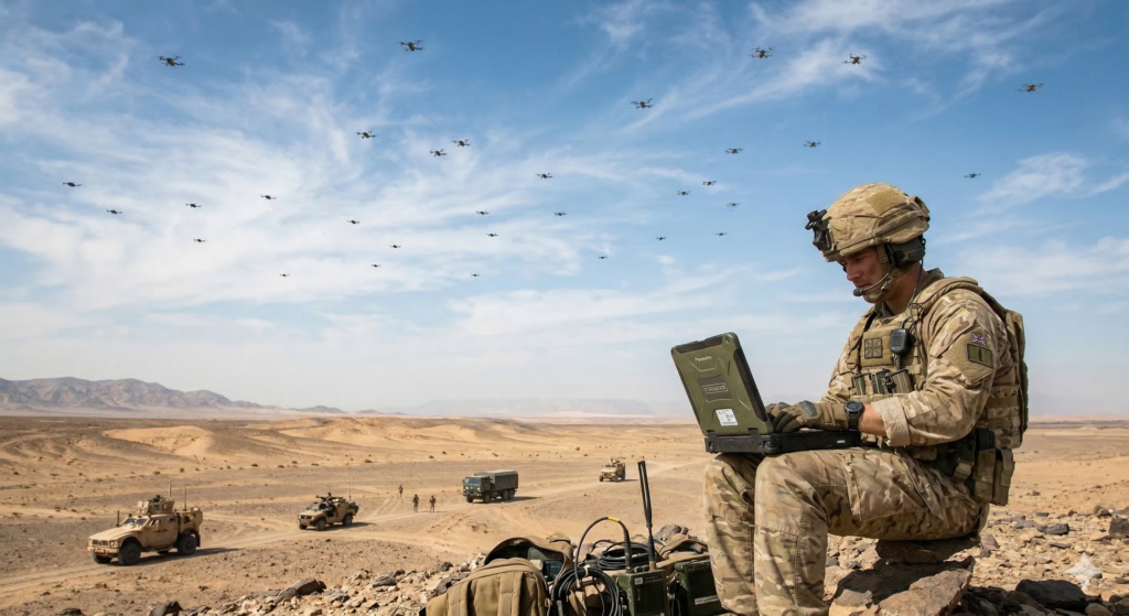 A soldier in full combat gear operates a ruggedized laptop in a desert environment while dozens of autonomous drones fly overhead, with military vehicles visible in the background.